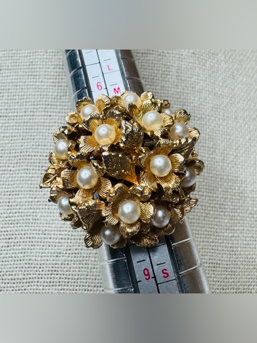 Gold Tone and faux Pearl Statement Ring - adjustable size 8